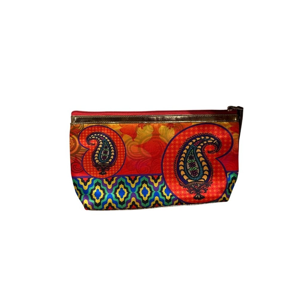 Vintage Vibrant Paisley Cosmetic Bag With Zipper Closure Red Cloth Gold Trim